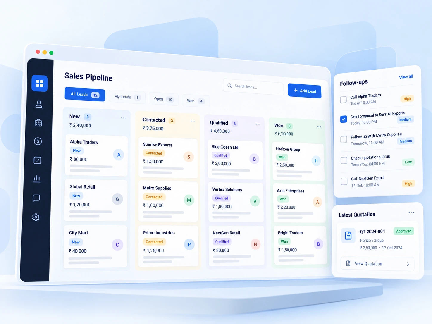 CRM sales pipeline board with lead cards, follow-up reminders and an approved quotation