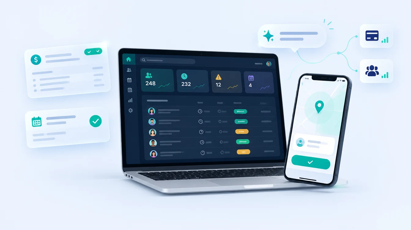 HRM software on a laptop and phone: attendance dashboard, mobile check-in with map, payslip and leave cards and an AI assistant connected to billing and CRM