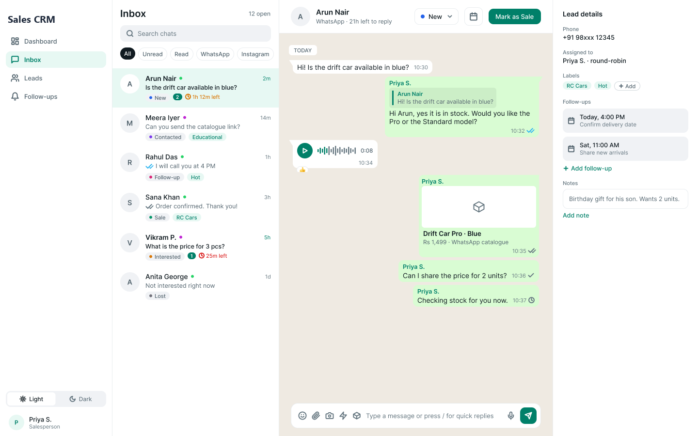 Shared WhatsApp and Instagram inbox with conversation list, chat window and lead details panel