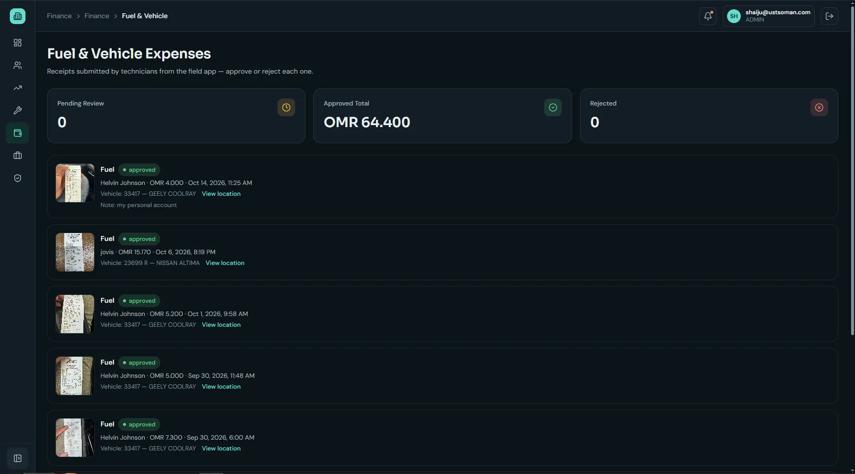 Fuel and vehicle expense screen with technician receipts, amounts, vehicles and approval status