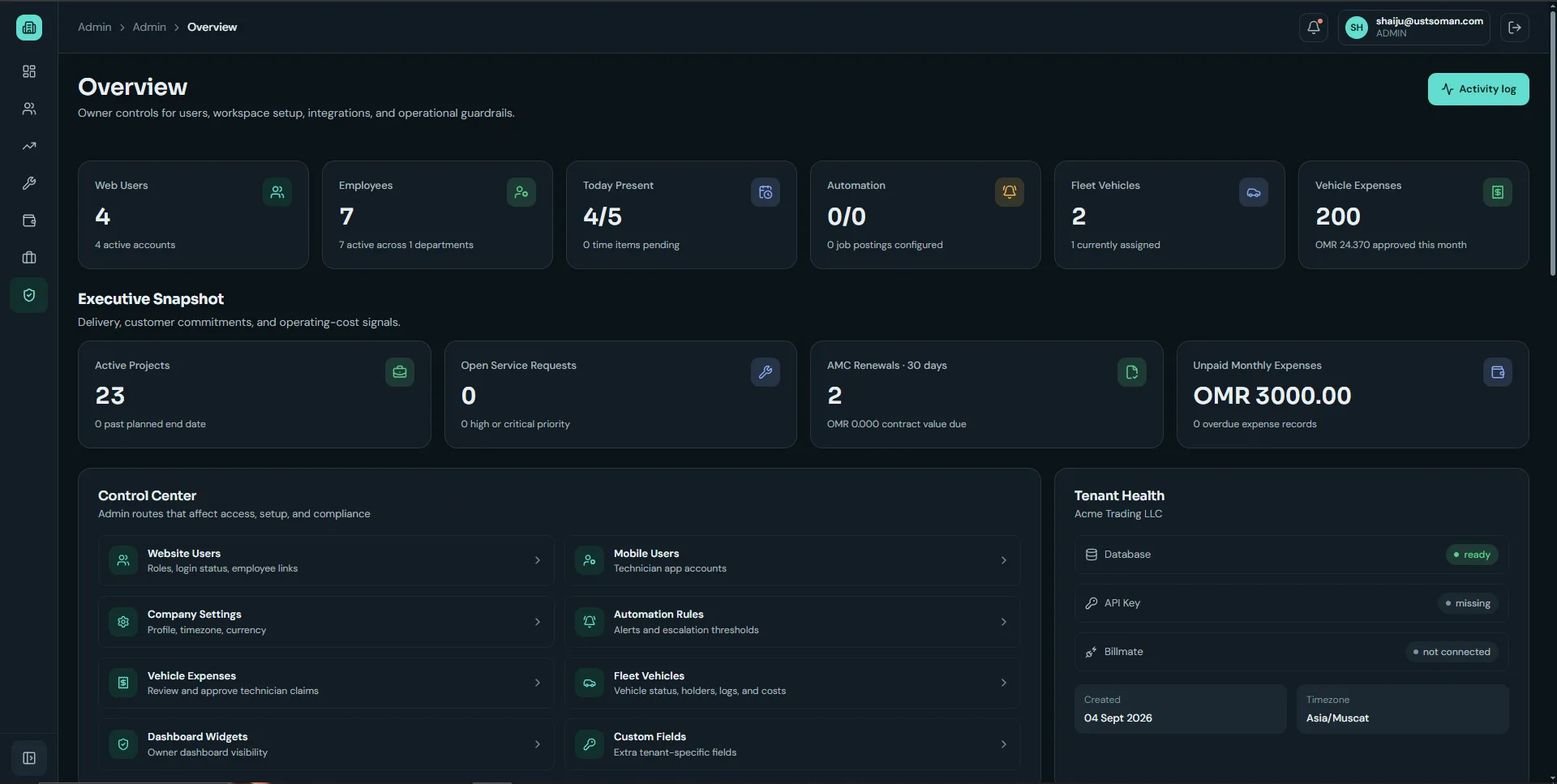 Owner overview dashboard with web users, employees, attendance today, fleet vehicles, active projects and AMC renewals